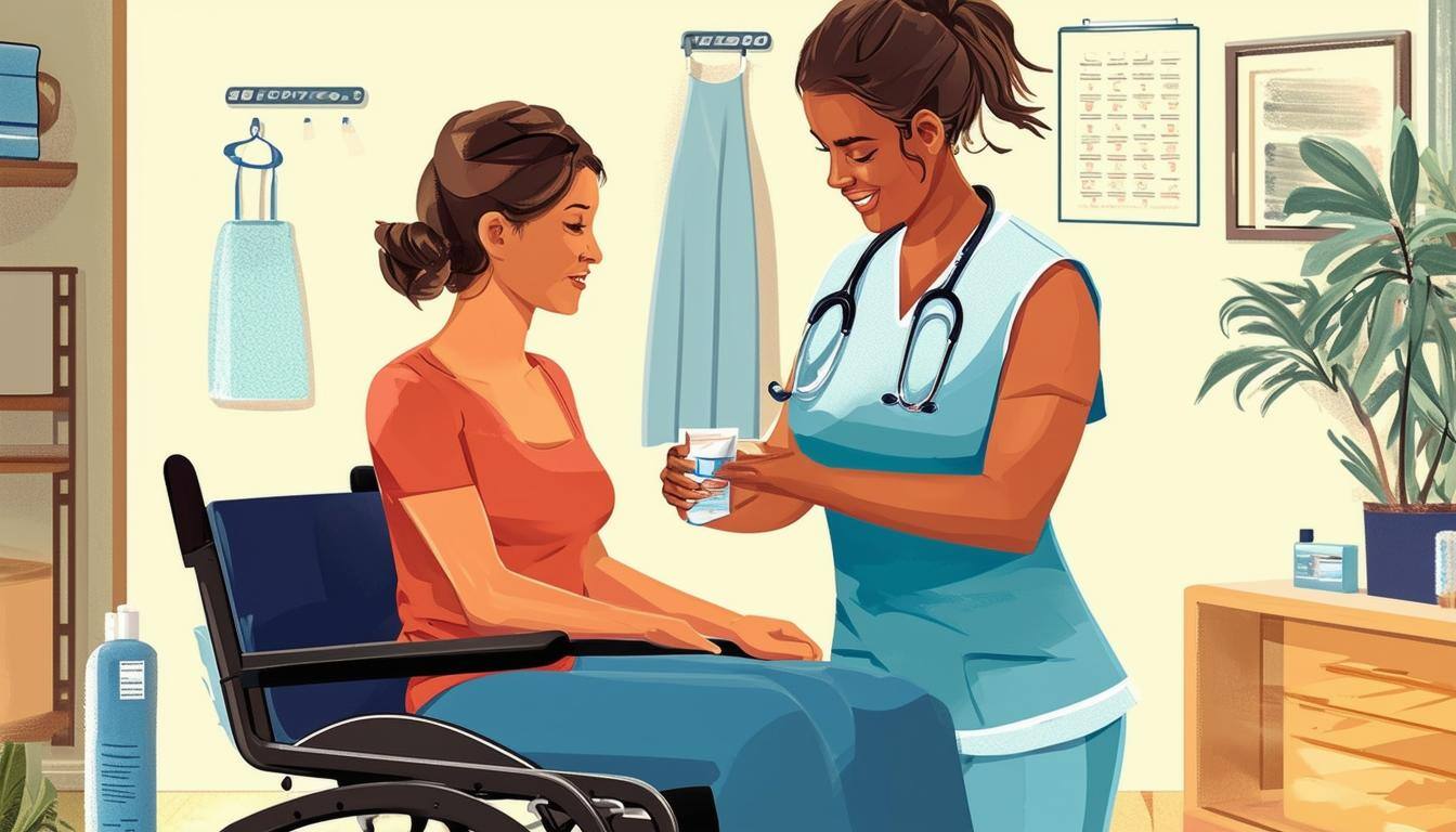 A physical therapist working oneonone with a patient on selfcare and home management training, including tasks like bathing, dressing, grooming, and s