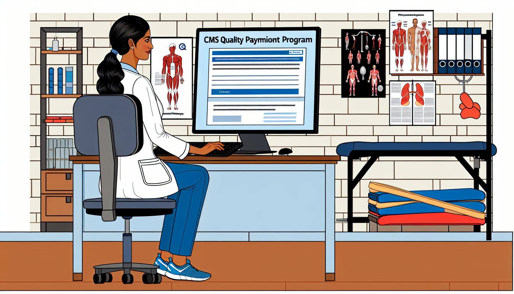 An image of a physical therapy practice owner reviewing information about the CMS Quality Payment Program QPP on a computer screen, surrounded by medi